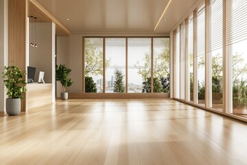 Obraz premium A serene home office scene featuring a sleek computer setup on a wooden desk. bathed in warm sunlight. with plants and organized stationery. ideal for remote work inspiration