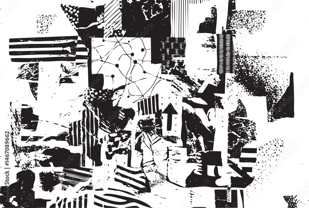 Poster abstract black and white composition features layered geometric shapes and interconnected lines.