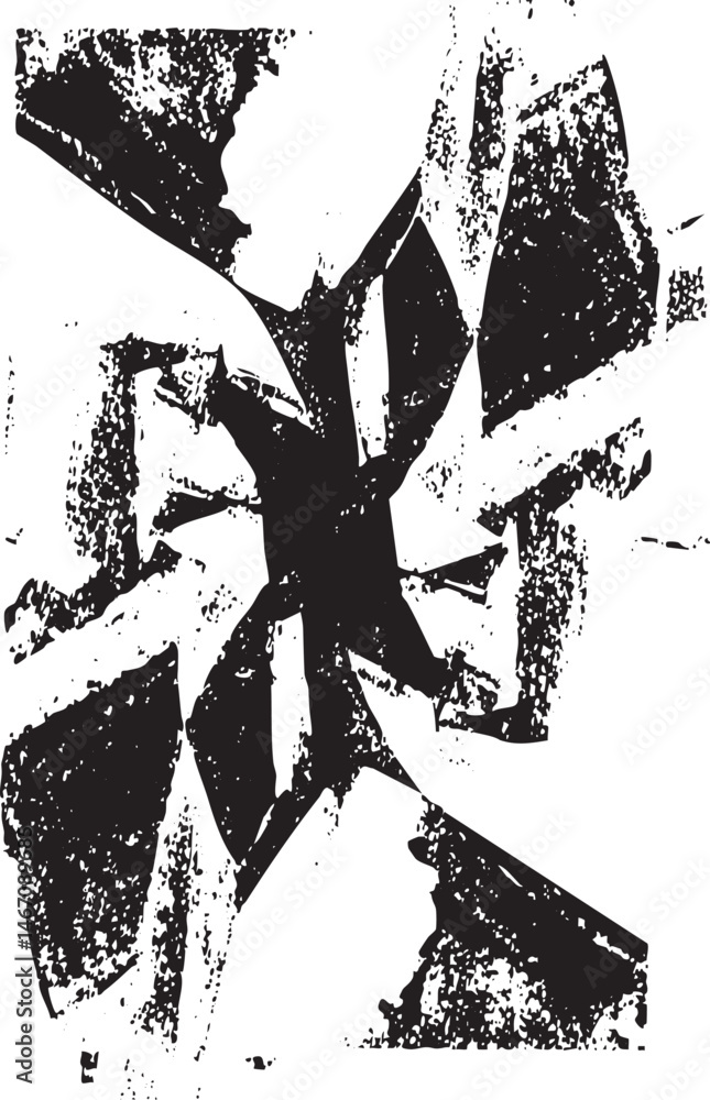 Poster a fragmented textured abstract shape dominates the .