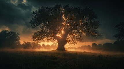 Majestic oak tree bathed in golden sunrise light, piercing through dramatic clouds.  Misty field surrounds the ancient, powerful tree