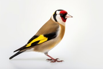 Fototapeta premium Vibrant Goldfinch Bird Striking Yellow Black and Red Plumage on White Background