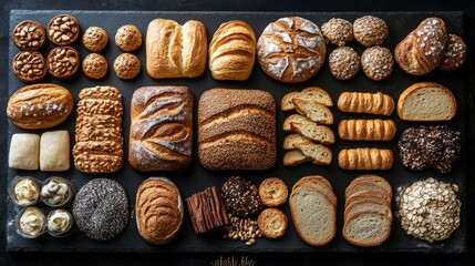 Overhead shot of assorted baked goods, breads, and pastries on dark slate background.