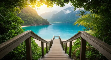 Obraz premium Wooden Stairway Leads to Tropical Beach