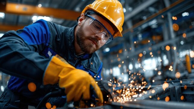 A man in a yellow helmet and safety glasses is working on a piece of metal
