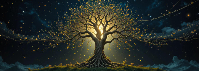 The mystical tree of life bursts forth from an endless loop, embodying the intricate web of relationships that