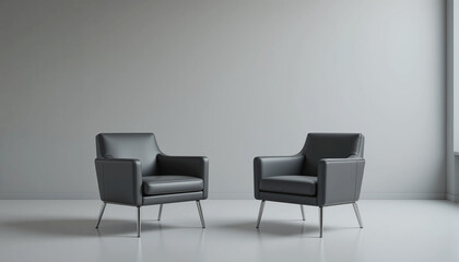 Two modern armchairs stand alone in a sleek, minimalist studio setting, surrounded by neutral background, ideal for adding text or graphics, evoking a professional meeting atmosphere