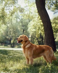 Photorealistic portrait of a golden retriever in a park