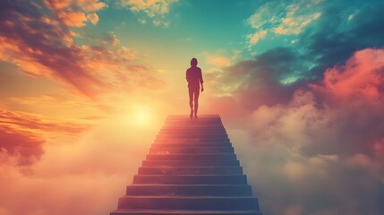 Surreal image of youth climbing stairs that lead into the sky, representing aspirations