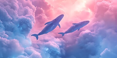 Two Whales Soaring Through Pastel Clouds A Dreamlike Image