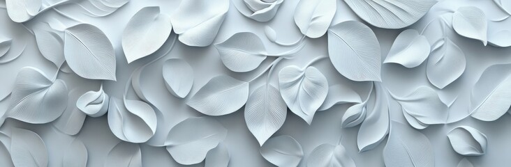 Elegant white floral relief design featuring intricate flowers and leaves on a smooth background. ideal for use in modern interior decor or as a stylish backdrop