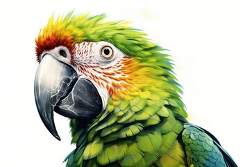 Fototapeta premium Vibrant Green Macaw Portrait Vivid Feathers Detailed Closeup Isolated on White Background