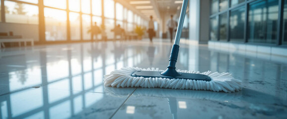 Low Light Photography of a Cleaning Mop on a Spotless Office Floor  Ideal for Cleaning Service Concepts, Office Maintenance, and Professional Cleaning Solutions