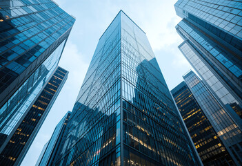 Modern glass and steel skyscraper with reflective windows standing tall in the city center, symbolizing innovation, success, and financial growth in the business world
