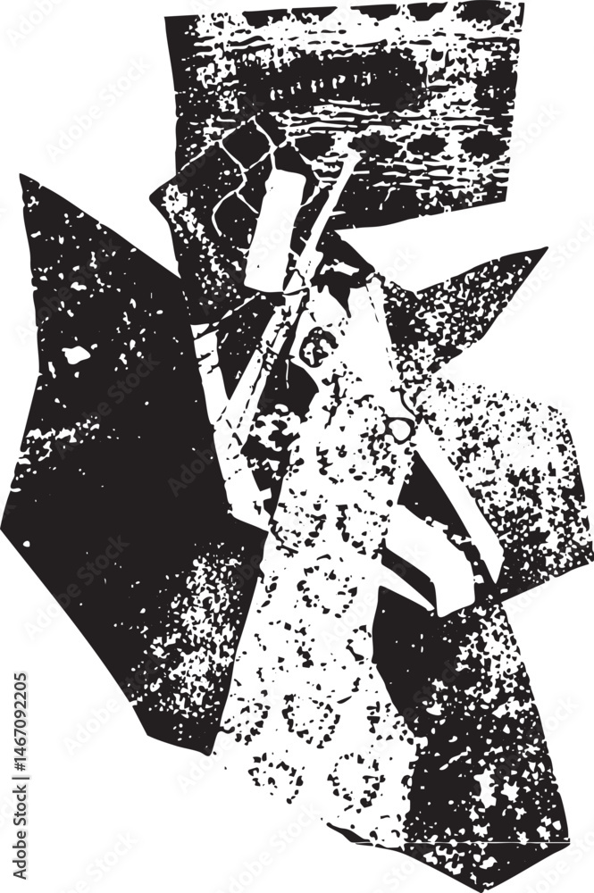 Poster a fragmented abstract figure emerges from a textured backdrop.