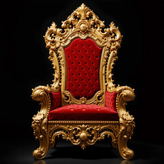 Ornate intricately carved gilded wood throne chair adorned with golden accents, red velvet upholstery, and lavish details, set against a black background, exuding opulence and regality