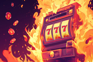 Vibrant illustration of a slot machine surrounded by flames, symbolizing winning and excitement