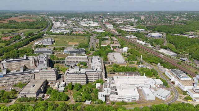 Aerial drone view GSK factory building manufacturing Pharmaceuticals England UK Stevenage UK