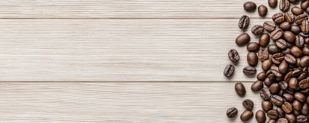 Roasted coffee beans scattered on a light wooden surface with space for text on the left.