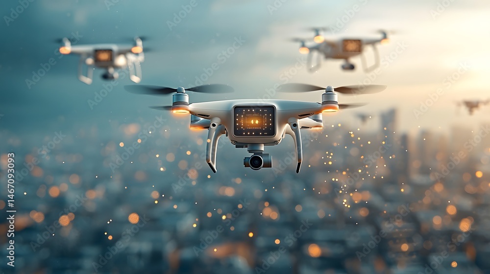 Poster autonomous drones equipped with advanced and sensors navigate the skies using holographic projection