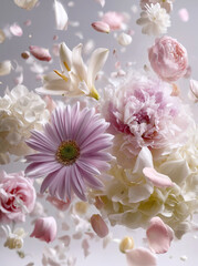 Fototapeta premium Pink and white peonies, lilies, roses, and daisies floating in midair with soft pastel background