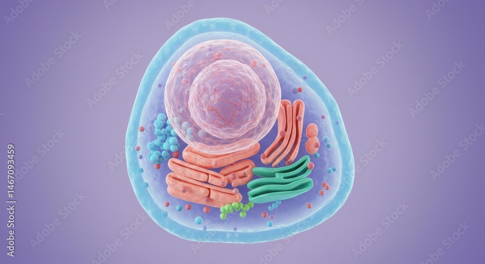 Poster exploring the intricate world of eukaryotic cells: a 3d model illustrating organelles and their func
