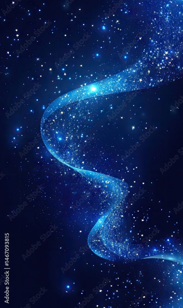 Poster a mesmerizing abstract depiction of a flowing wave of blue light particles against a dark background