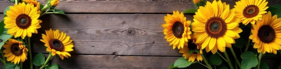 Fototapeta premium Sunflowers arranged on rustic wood, vibrant blooms , texture, rural