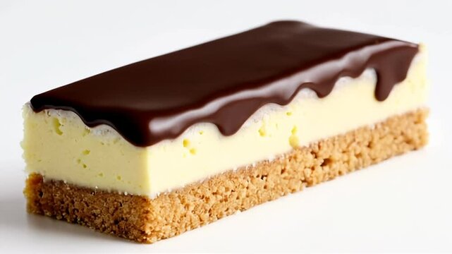 Decadent Dessert Square Featuring Chocolate Glaze Pale Yellow Layer and Textured Tan Base Against Plain White Background