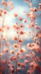 Soft light illuminates delicate pink blossoms in a dreamy field