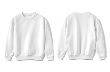 Blank white crewneck sweatshirt, front and back views, isolated on white background.  Detailed mock-up showcasing the garment's design elements
