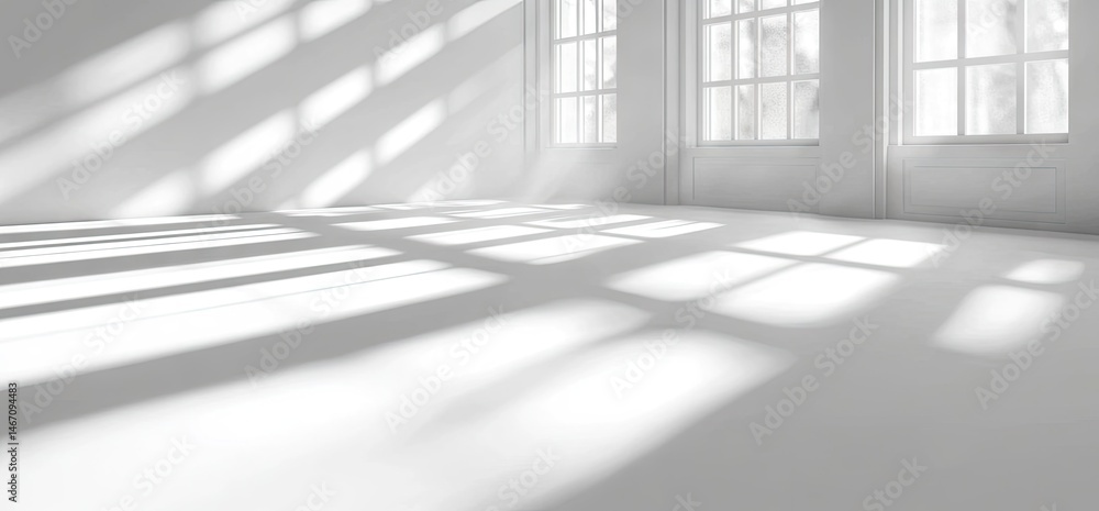 Poster a serene. sunlit interior with soft shadows cast by large windows. creating a tranquil atmosphere pe