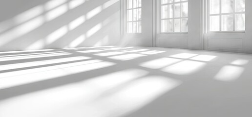 A serene. sunlit interior with soft shadows cast by large windows. creating a tranquil atmosphere perfect for meditation or photography sessions