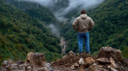 Naklejka premium A man stands on a rocky hillside, looking out over a valley