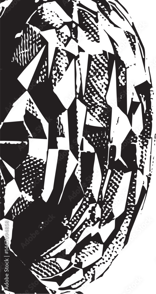 Poster a stylized geometric form dominates the with sharp angular lines and a strong contrast between light