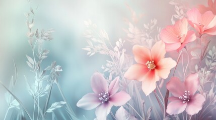Delicate pastel flowers in a soft, dreamy, and romantic garden setting.