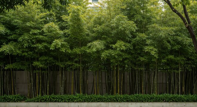 Young bamboo trees in urban garden with copy space