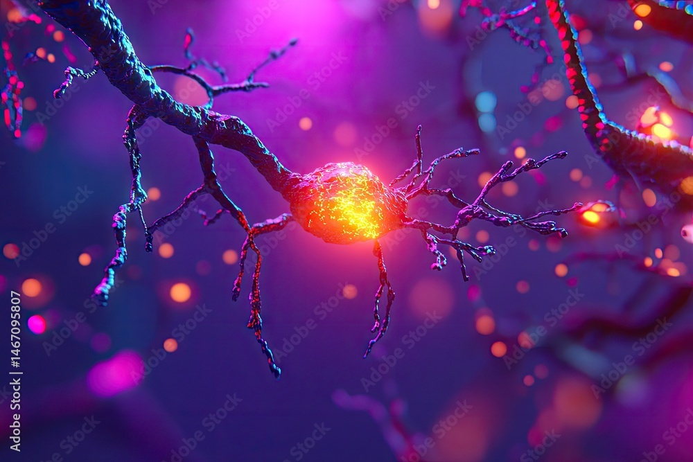 Poster a vibrant depiction of a neuron with glowing synapses. set against a blurred background of neural co
