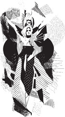 A stylized solitary figure performs a dramatic dance against a textured background.