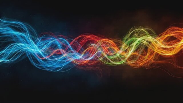 Vibrant energy waves, in a symphony of radiant colors dance gracefully across a dark canvas. This is the visual representation of energy, capturing its power and dynamism in a spectrum of hues. 