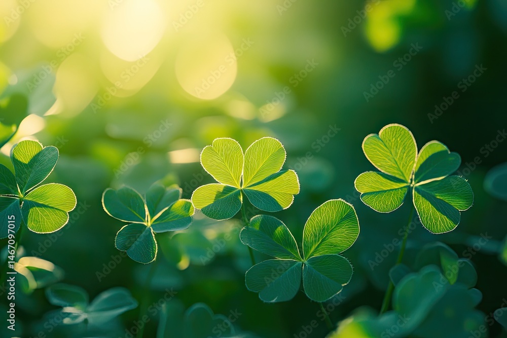 Poster a close-up view of vibrant green clovers illuminated by sunlight. showcasing their intricate leaf pa