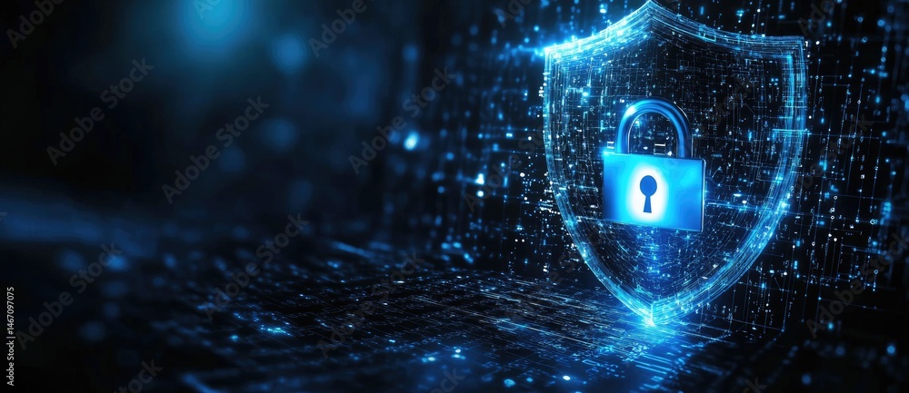 Poster a digital shield representing cybersecurity. featuring a padlock symbol. with a futuristic backgroun