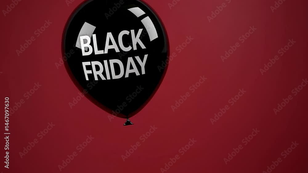 Poster Several black balloons with the words black friday printed on them float against a vibrant red background, creating a visually striking representation of the popular shopping event