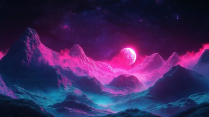 Surreal alien landscape: pink and blue mountains, glowing moon, starry sky