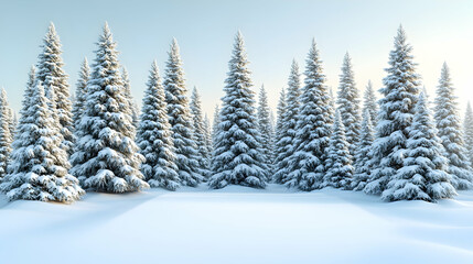 Fototapeta premium Snow-covered evergreen forest at sunrise, tranquil winter scene