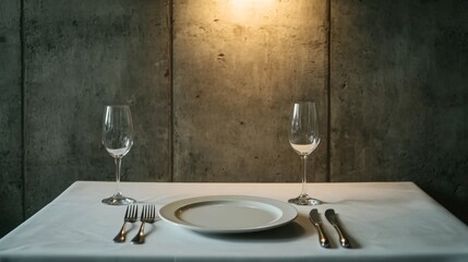 Elegant Table Setting with Empty Plates and Wine Glasses Against a Concrete Wall