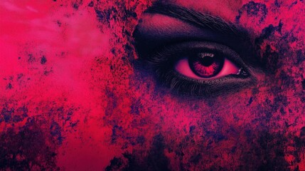 Intense glowing red eye in abstract pink and blue grunge texture background
