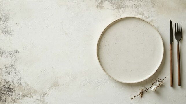 Elegant Table Setting Cream Plate with Black Cutlery and Delicate Flowers on Textured Background