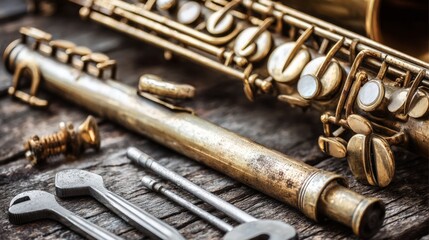 Naklejka premium Aged Gold Saxophone and Flute Repair on Dark Wood Table
