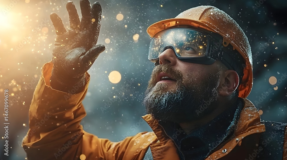 Poster a futuristic of a mining worker wearing goggles and using hand gestures to manipulate 3d holograms i