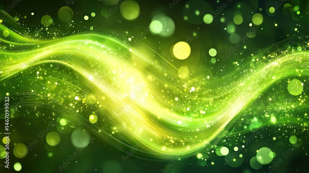 Poster a mesmerizing abstract background featuring flowing green waves illuminated by shimmering golden and